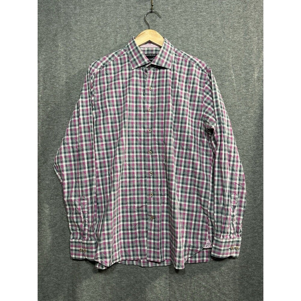 Hammer Made Shirt 42 16.5 Grey Pink Plaid Cotton Button Down Collar Long Sleeve